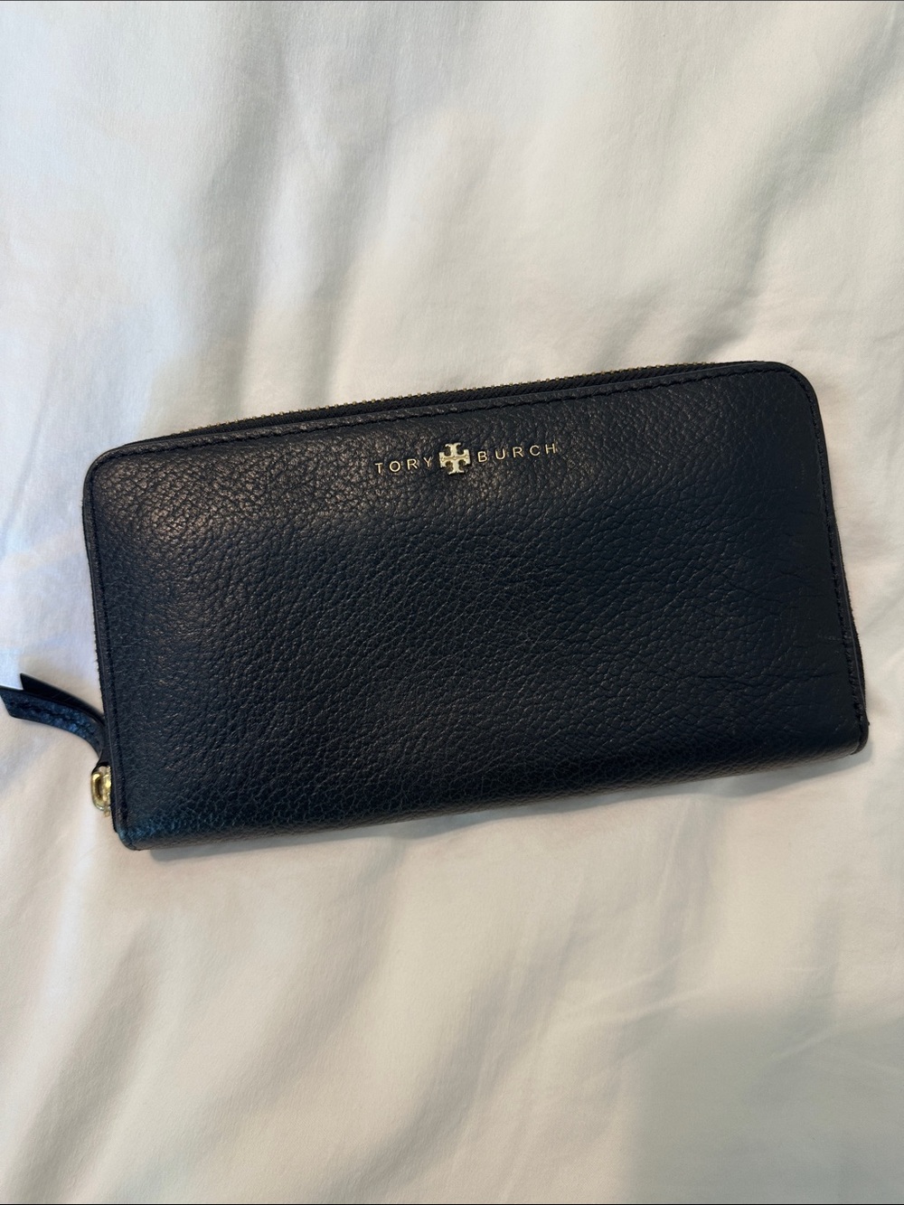 Tory Burch Black Pebbled Leather Zip-Around Wallet with Gold Logo